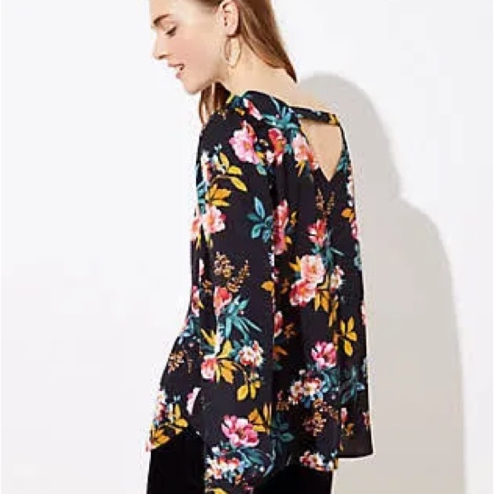 Loft Floral Ruffle Shoulder Bar Back Blouse Large Business Casual Flowy